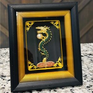Framed Black and Gold Dragon with Pearl